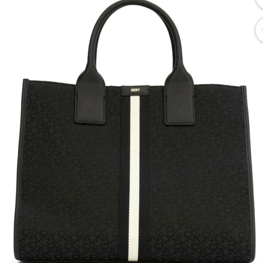 Black signature DKNY tote word patterned with white and black stripe on front